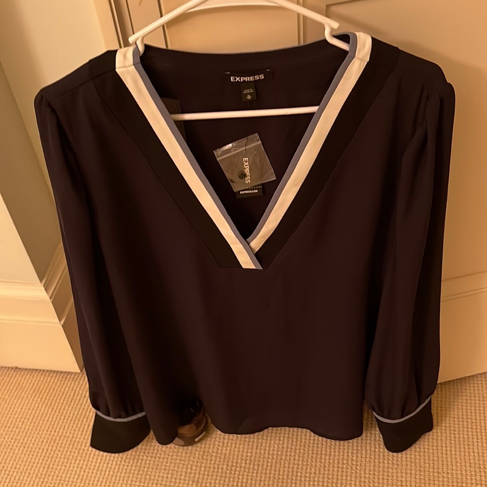 Women v neck silk navy blouse